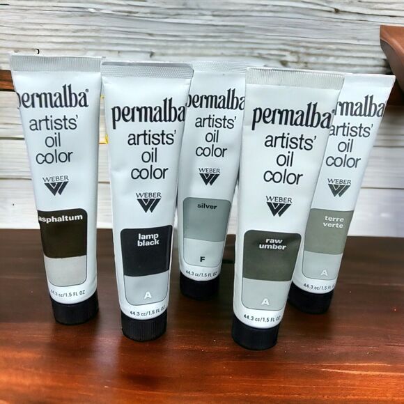 VTG Unused Weber Permalba Oil Paint Silver Asphaltum Raw Umber Black Terra Verte - Picture 1 of 14